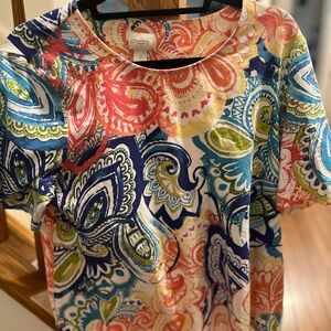 Chico's Coral, Navy, Teal & Lime Paisley Short Sleeve Tee